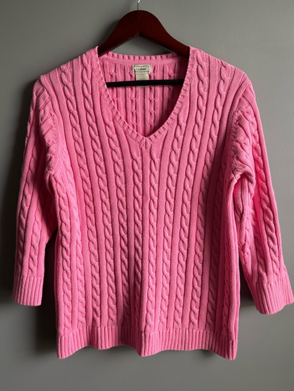 LL Bean 100% Cotton Cable Knit V-neck Sweater With Cropped Sleeves